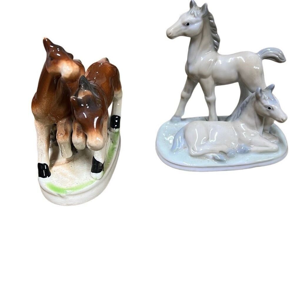 Young Horses Brown White Porcelain Figurines Set of 2